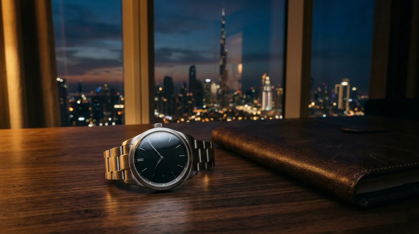 How to sell a luxury watch? — an unbranded luxury wristwatch on a desk above the Dubai skyline at dusk