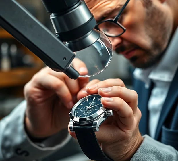 Expert authentication — certified watchmaker inspecting your luxury watch