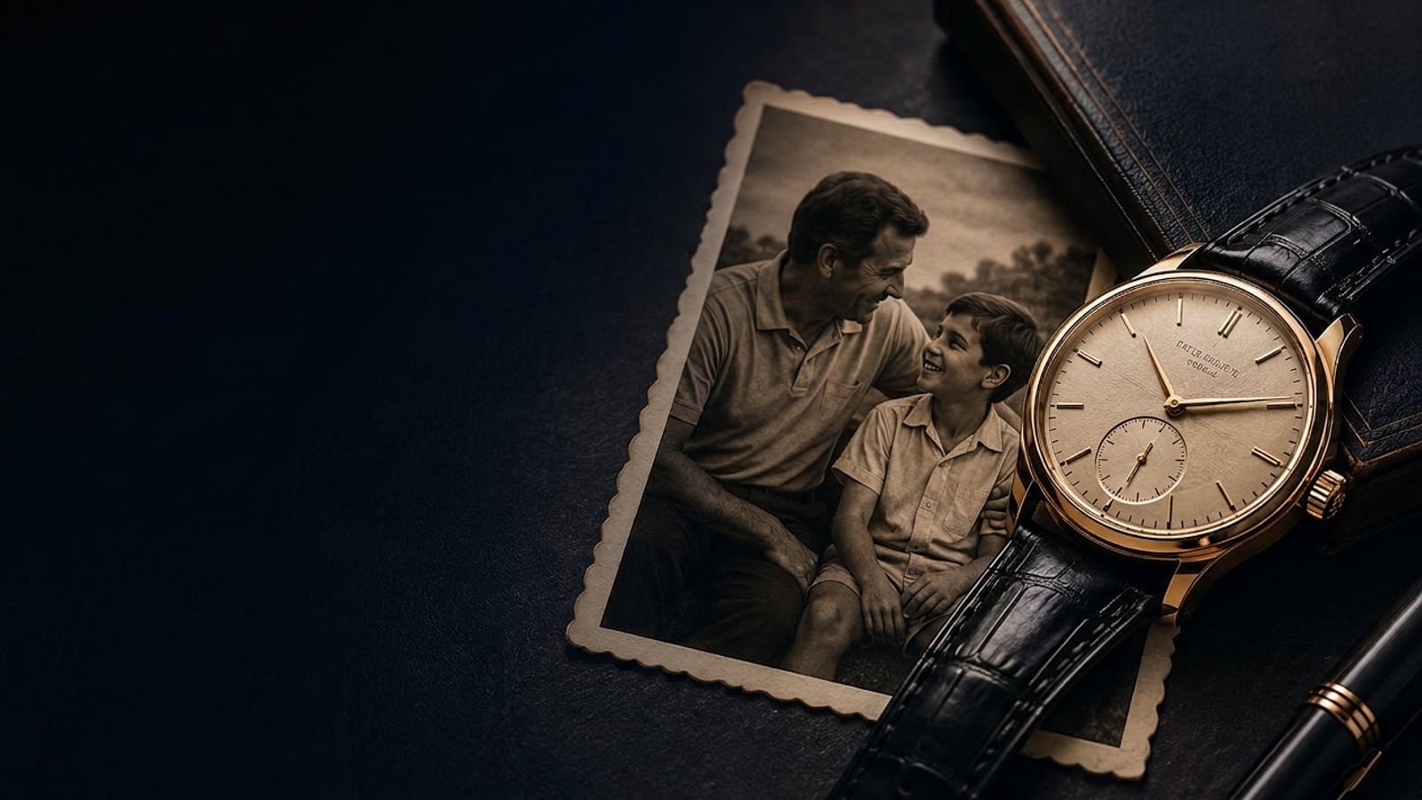 A vintage gold dress watch resting beside an old sepia photograph of a father and his young son