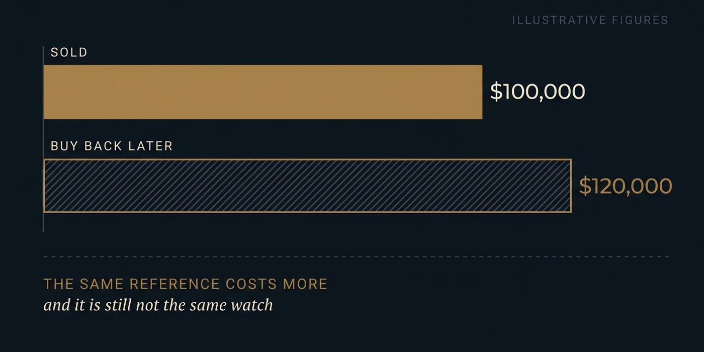 Two bars compared: sold at 100,000 dollars in solid gold, and buying back later at 120,000 dollars shown hatched — the same reference costs more, and it is still not the same watch