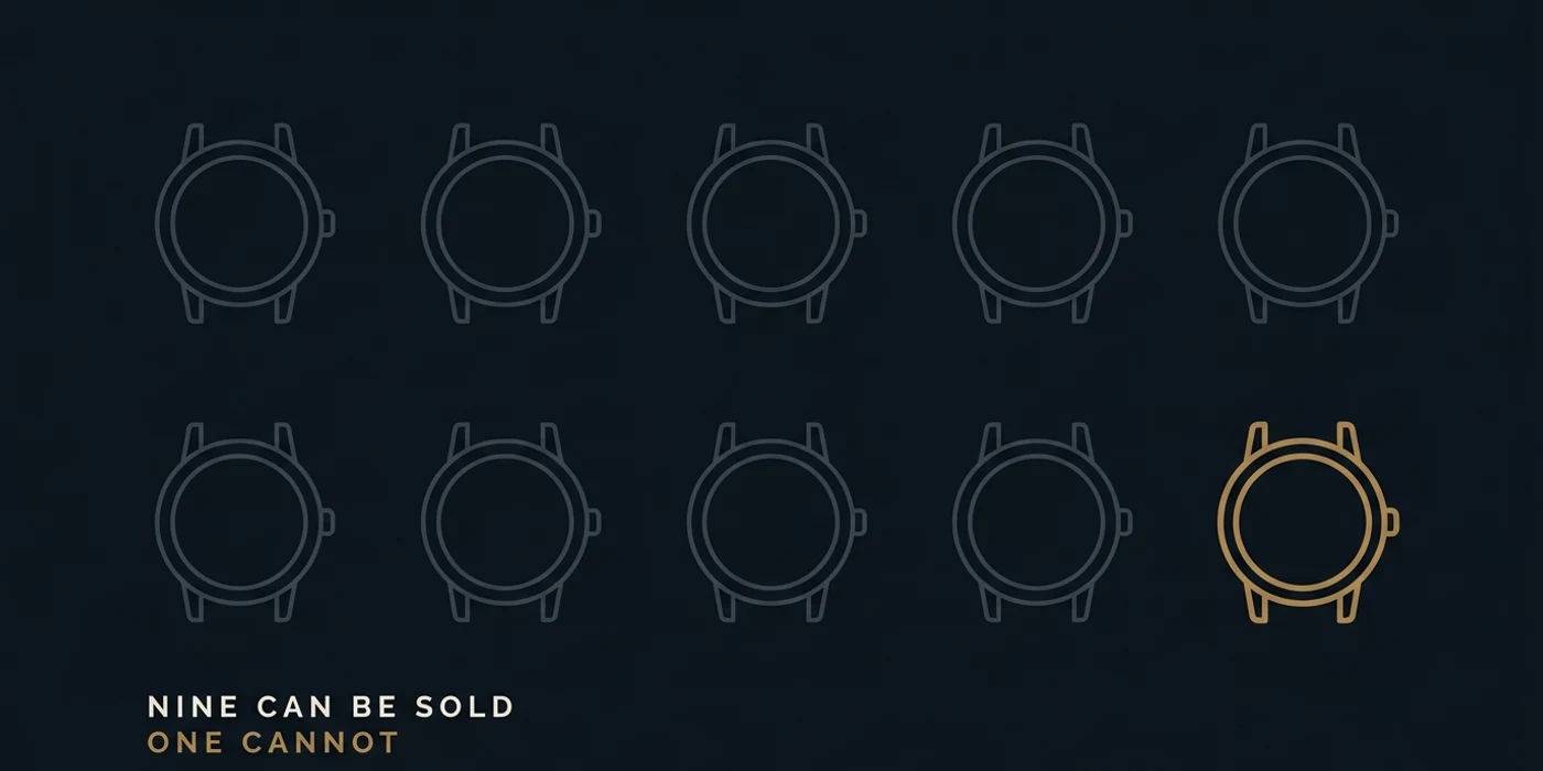 Ten outlined wristwatch icons in a five by two grid: nine faint, one gold — nine can be sold, one cannot