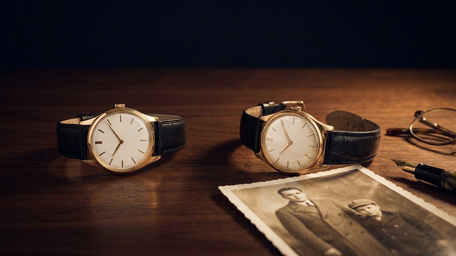 Two nearly identical vintage gold watches on a dark table — the left one alone, the right one beside an old family photograph, a pen and reading glasses